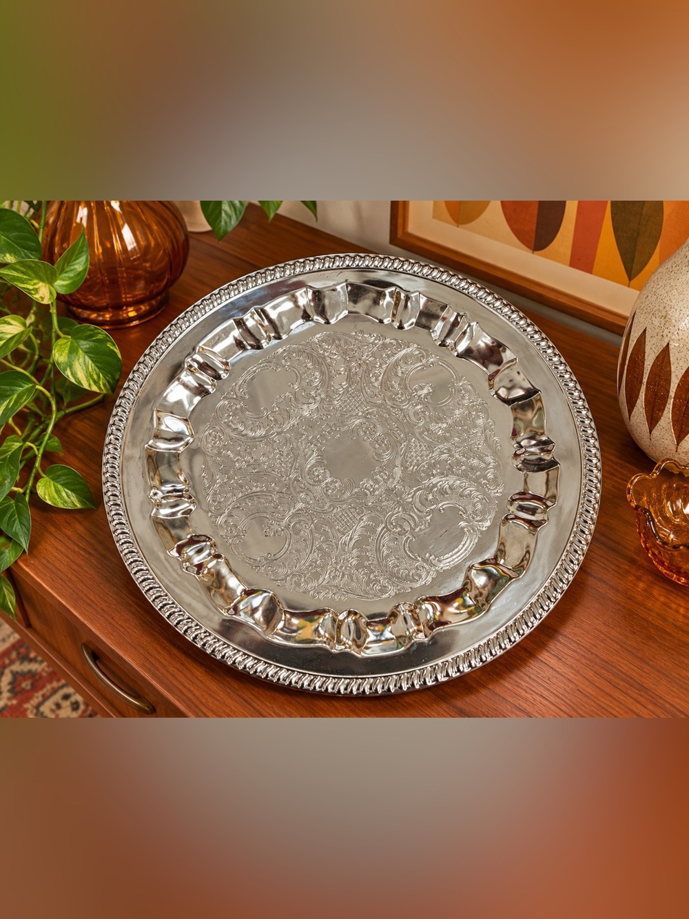 Irwinware 15" Chrome Vintage Serving Tray | Round Etched Barware Platter